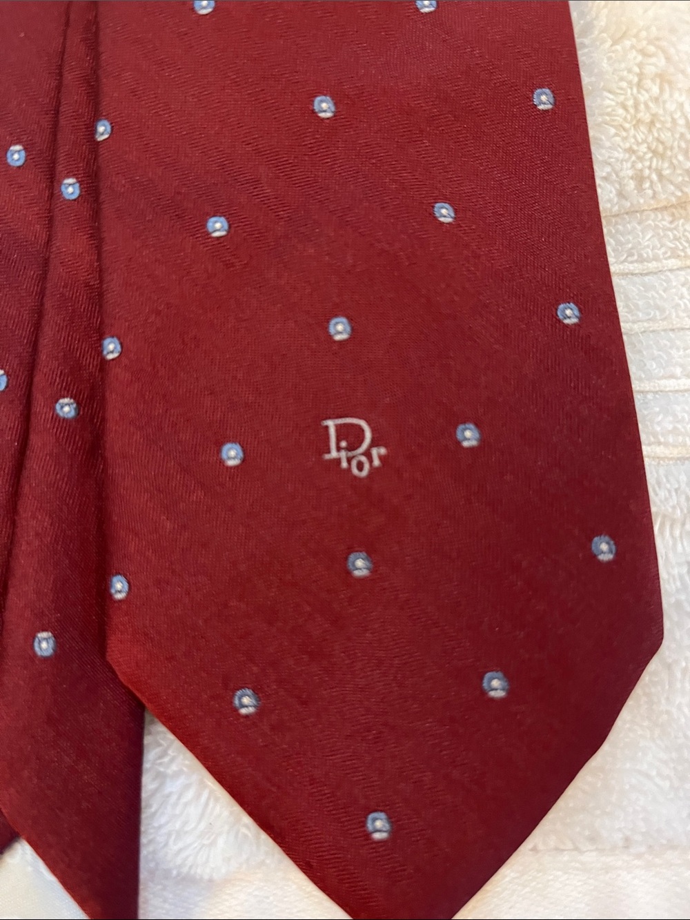 Vintage 80’s/Early 90’s Dior Men's Red Silk Blend Tie with Light Blue Dot Motif